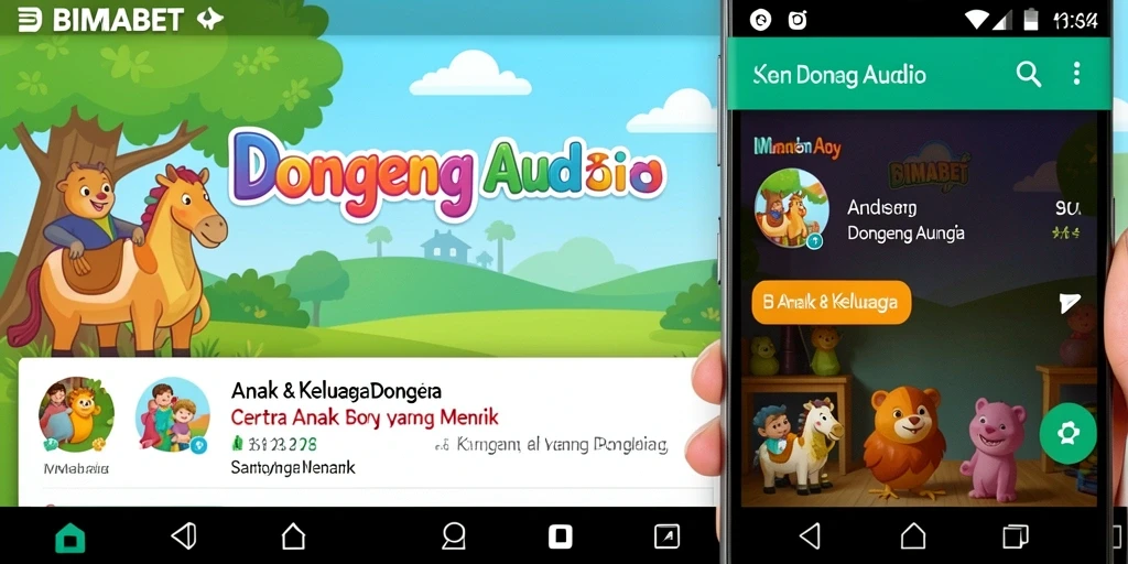 Tampilan antarmuka aplikasi Dongeng Audio yang ramah anak dan menarik.