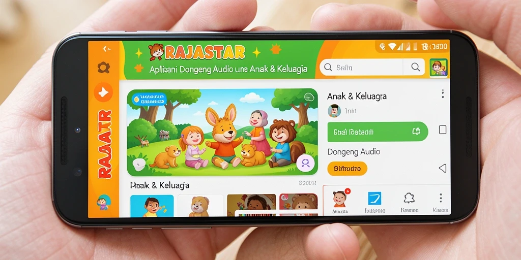 Antarmuka aplikasi RAJASTAR dengan koleksi dongeng audio yang menarik.